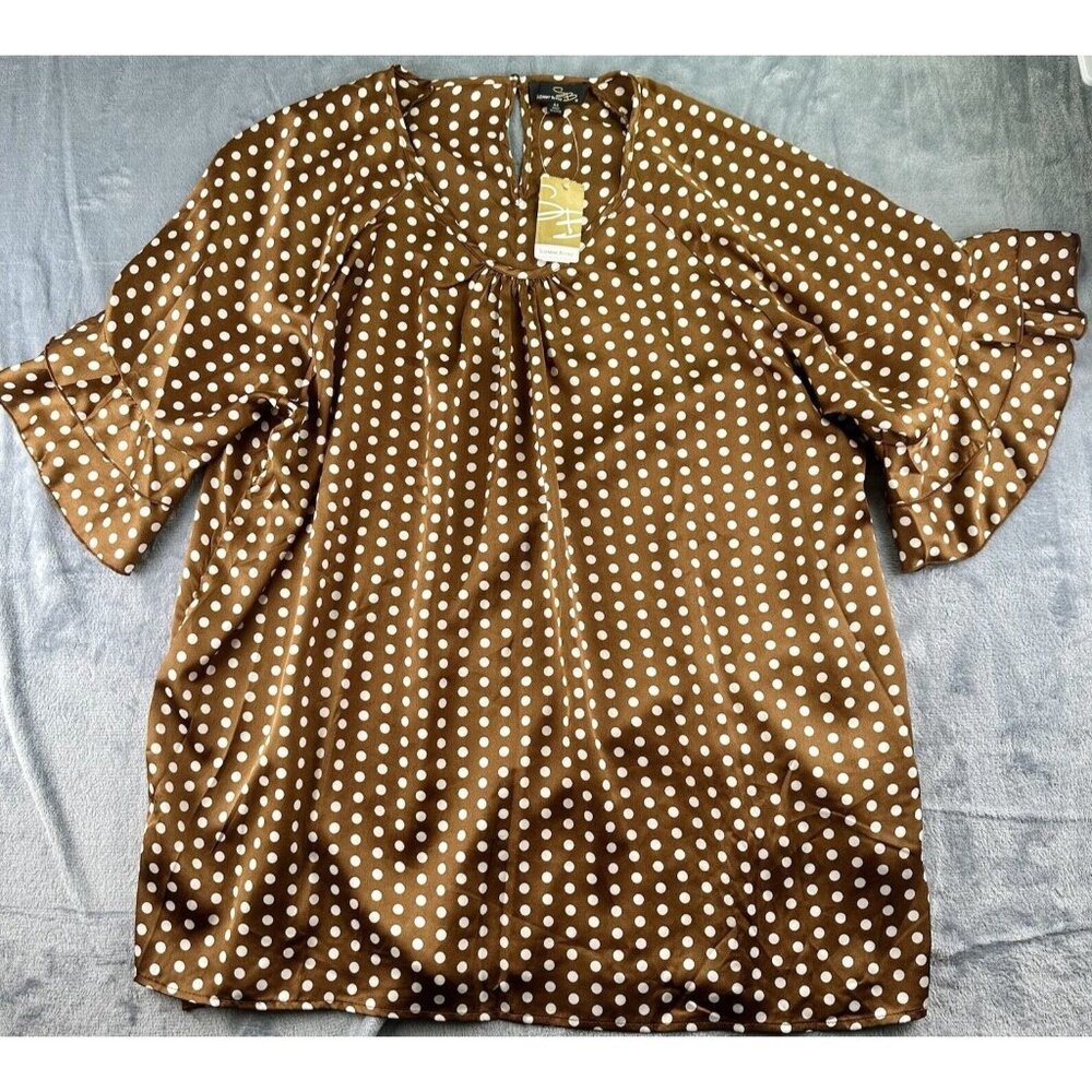 SUZANNE BETRO Satin Polka Dot Blouse Women’s Sz 4X Brown Short Sleeve Ruffle Top
